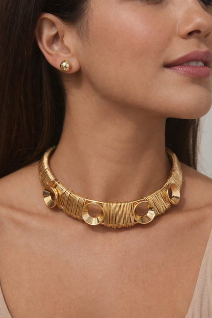 Saanvi Tide: Gold Coil Necklace with Openwork Discs