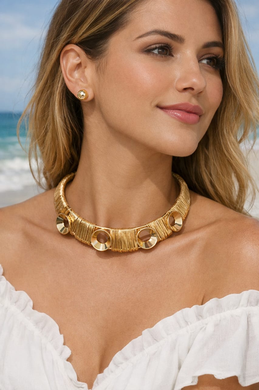 Saanvi Tide: Gold Coil Necklace with Openwork Discs