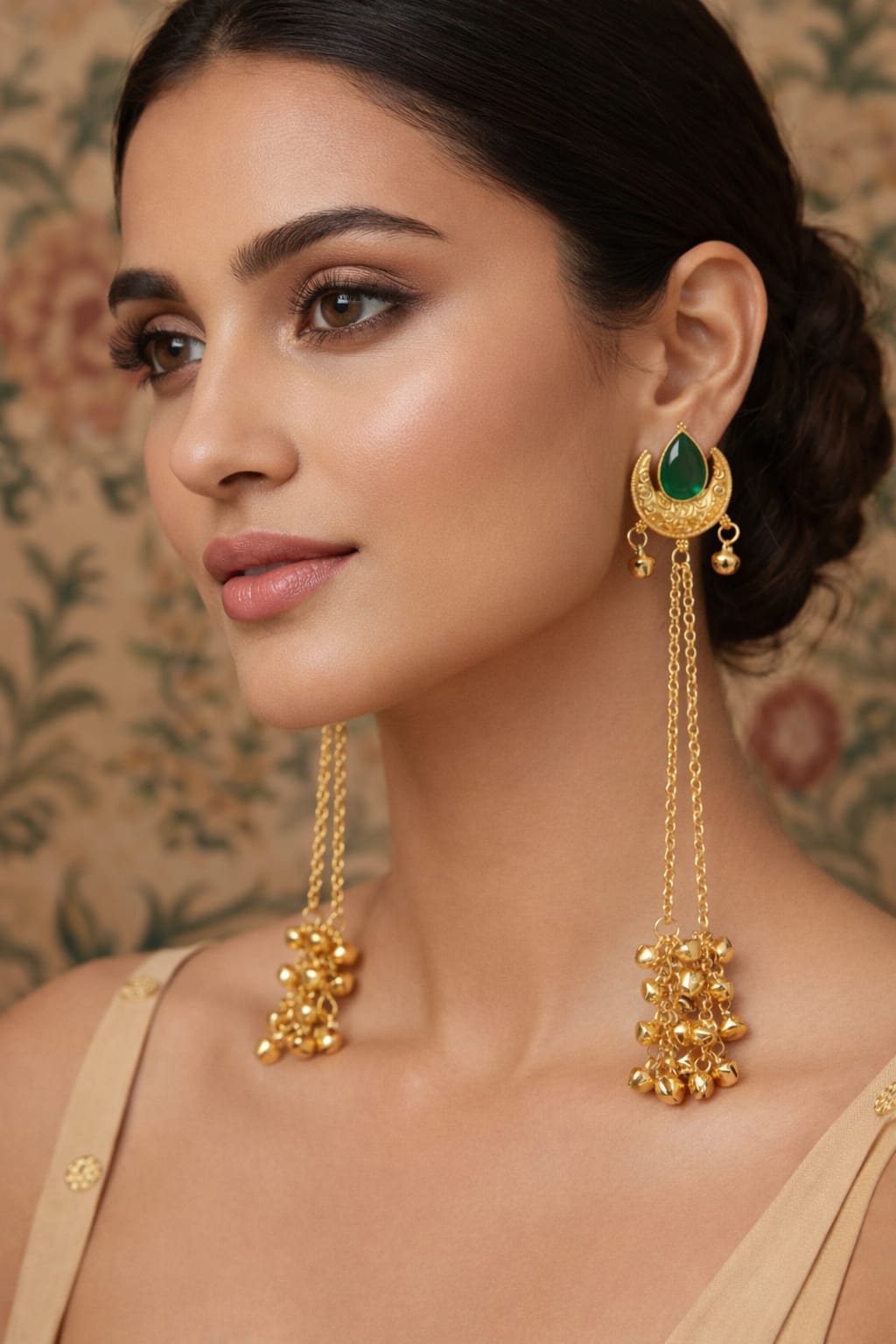 Meher Crescent: Emerald Drop Earring with Golden Bells