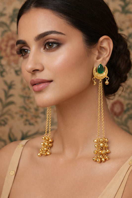 Meher Crescent: Emerald Drop Earring with Golden Bells