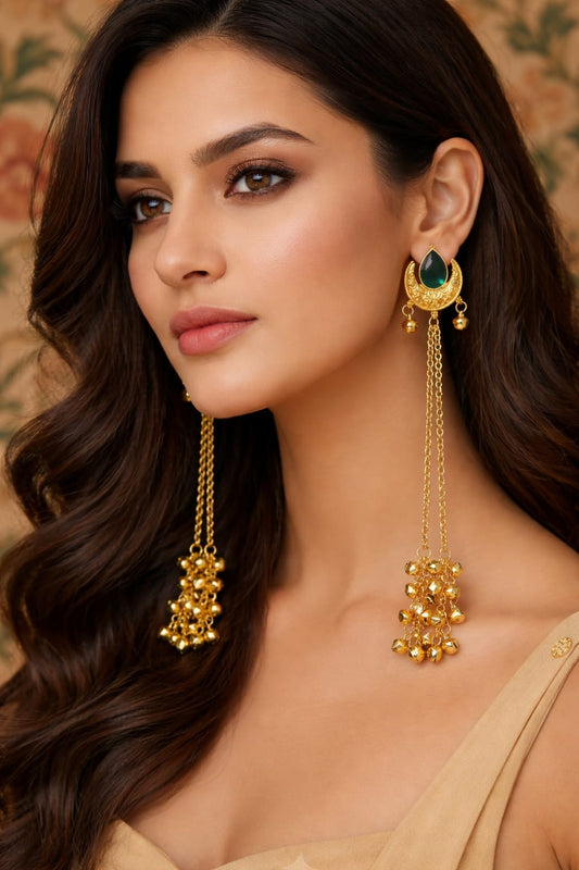 Meher Crescent: Emerald Drop Earring with Golden Bells