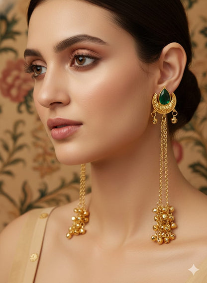 Meher Crescent: Emerald Drop Earring with Golden Bells