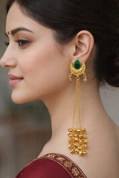 Meher Crescent: Emerald Drop Earring with Golden Bells