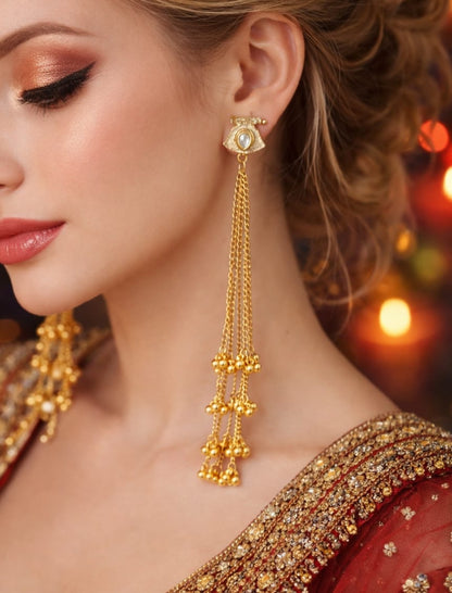 Aafreen Glow: Pearl-Studded Gold Earring with Cascading Chains
