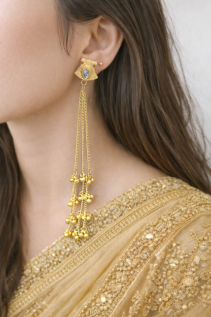 Aafreen Glow: Pearl-Studded Gold Earring with Cascading Chains