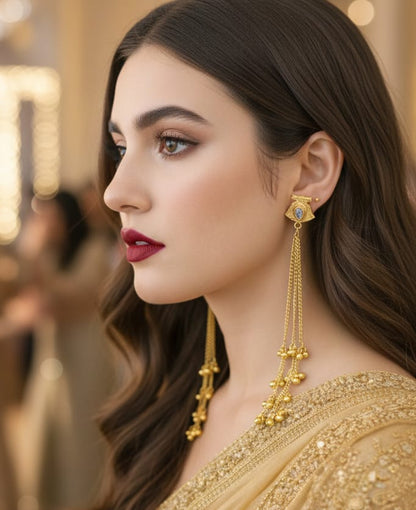 Aafreen Glow: Pearl-Studded Gold Earring with Cascading Chains