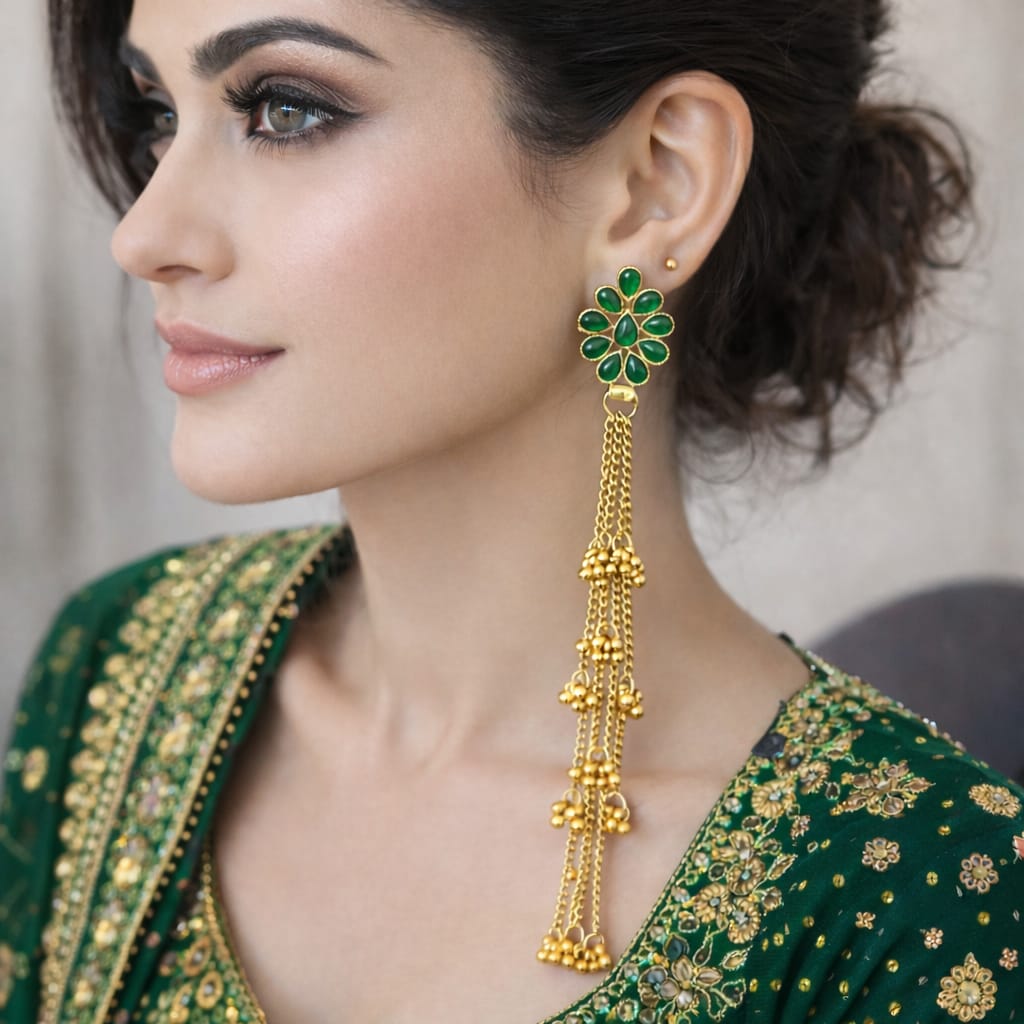 Noor Cascade: Floral Gold Earring with Emerald Accents