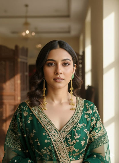 Noor Cascade: Floral Gold Earring with Emerald Accents