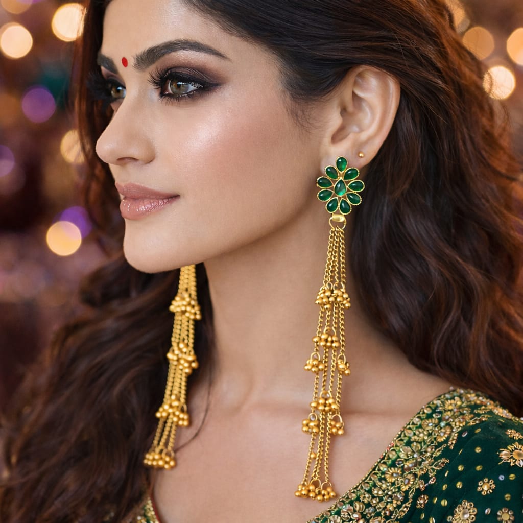 Noor Cascade: Floral Gold Earring with Emerald Accents