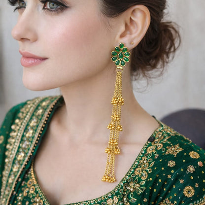 Noor Cascade: Floral Gold Earring with Emerald Accents