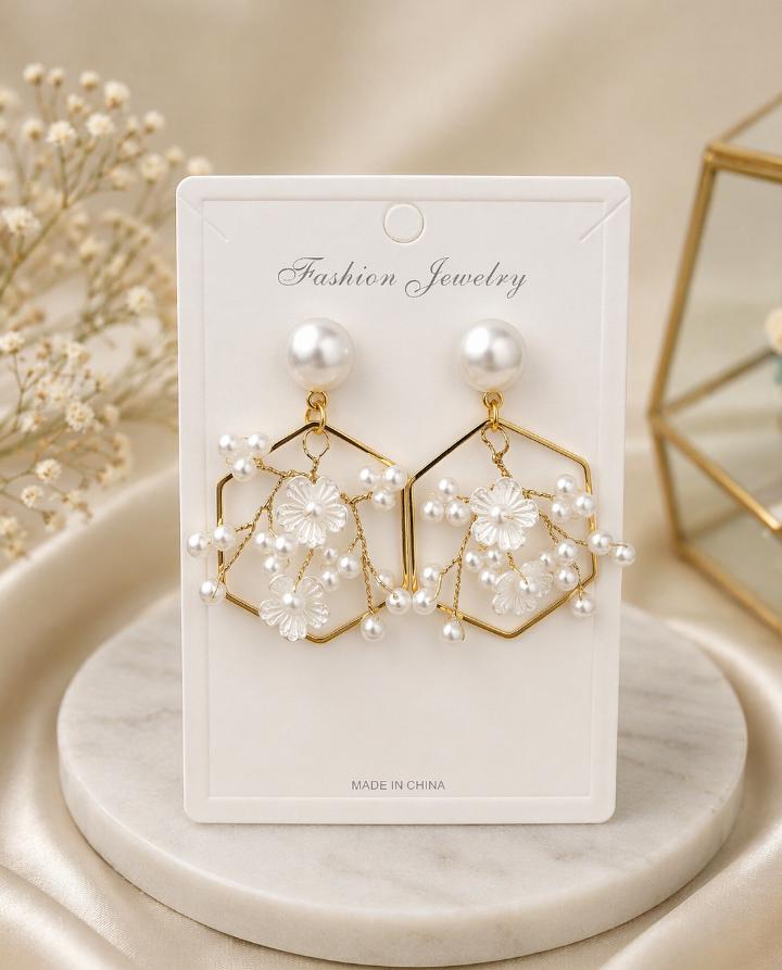 Pearl Bloom Hexagon Earrings