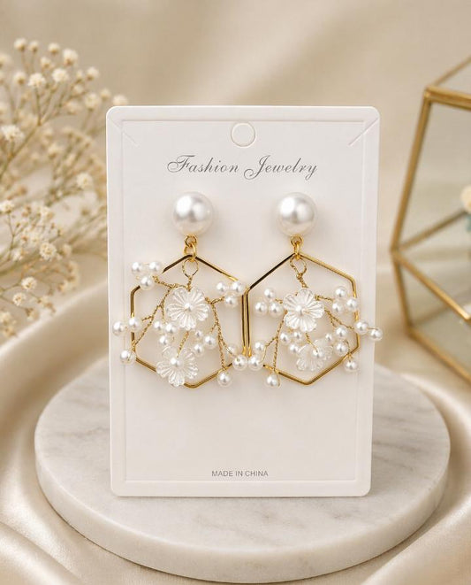 Pearl Bloom Hexagon Earrings