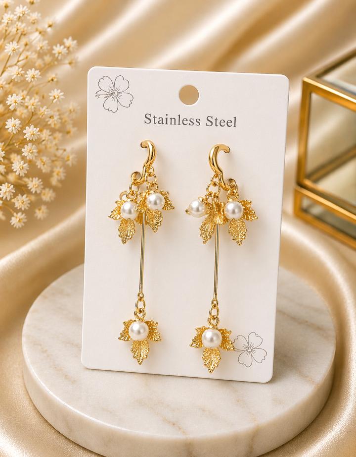 Golden Leaf Pearl Cascade Earrings