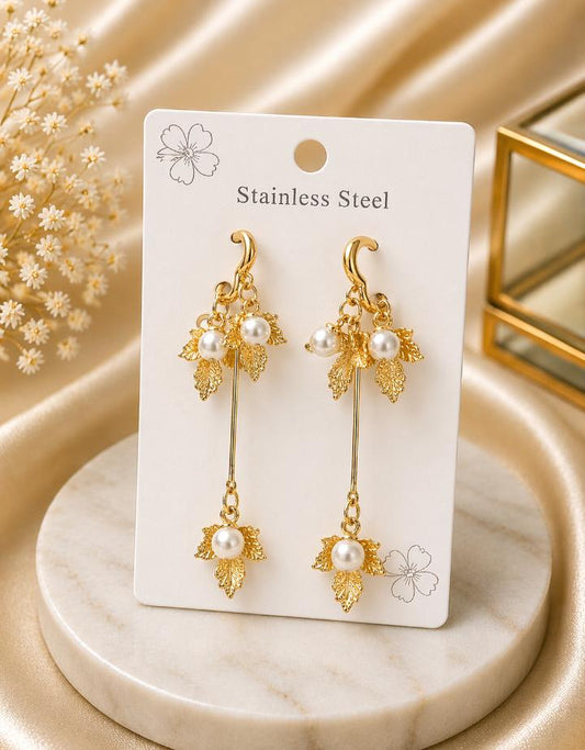 Golden Leaf Pearl Cascade Earrings