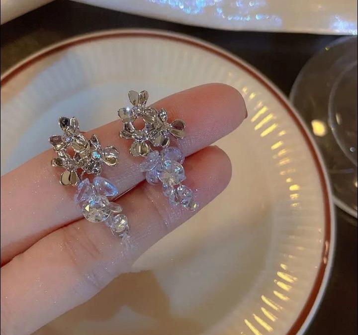 Silver Floral Crystal Earrings
