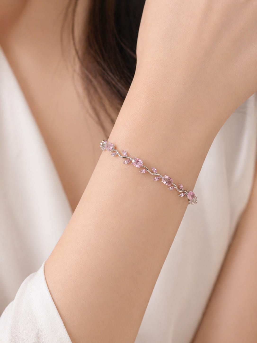 Silver Floral Pink Gemstone Bracelet