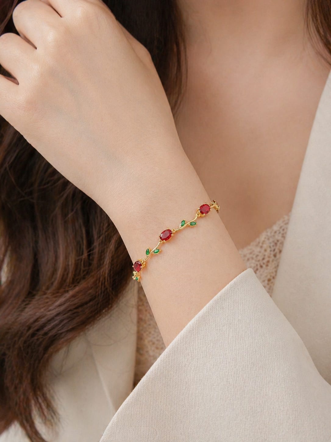 Gold Red-Green Gemstone Bracelet