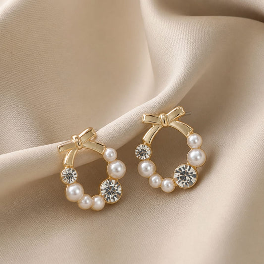 Gold Bow Pearl Hoop Earrings