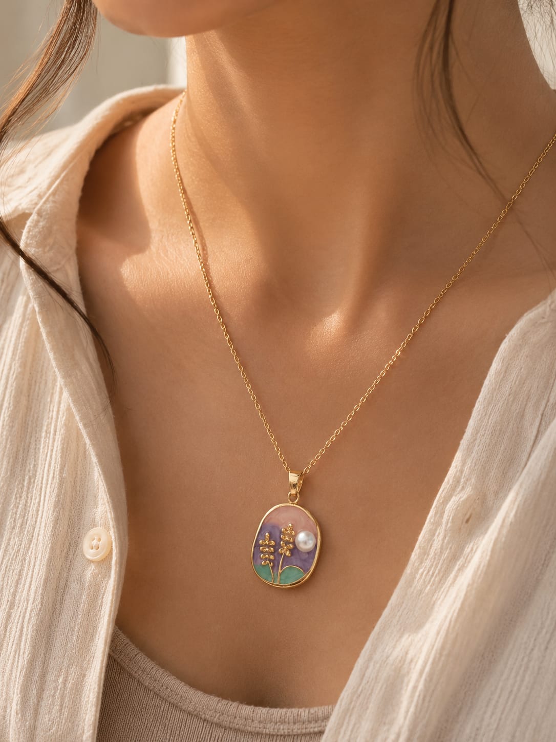 Golden Floral Pearl Pendant Necklace