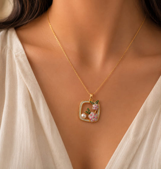 Golden Floral Square Pendant Necklace