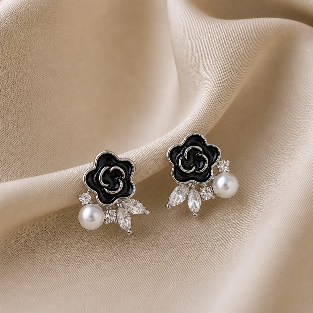 Black Enamel Floral Earrings