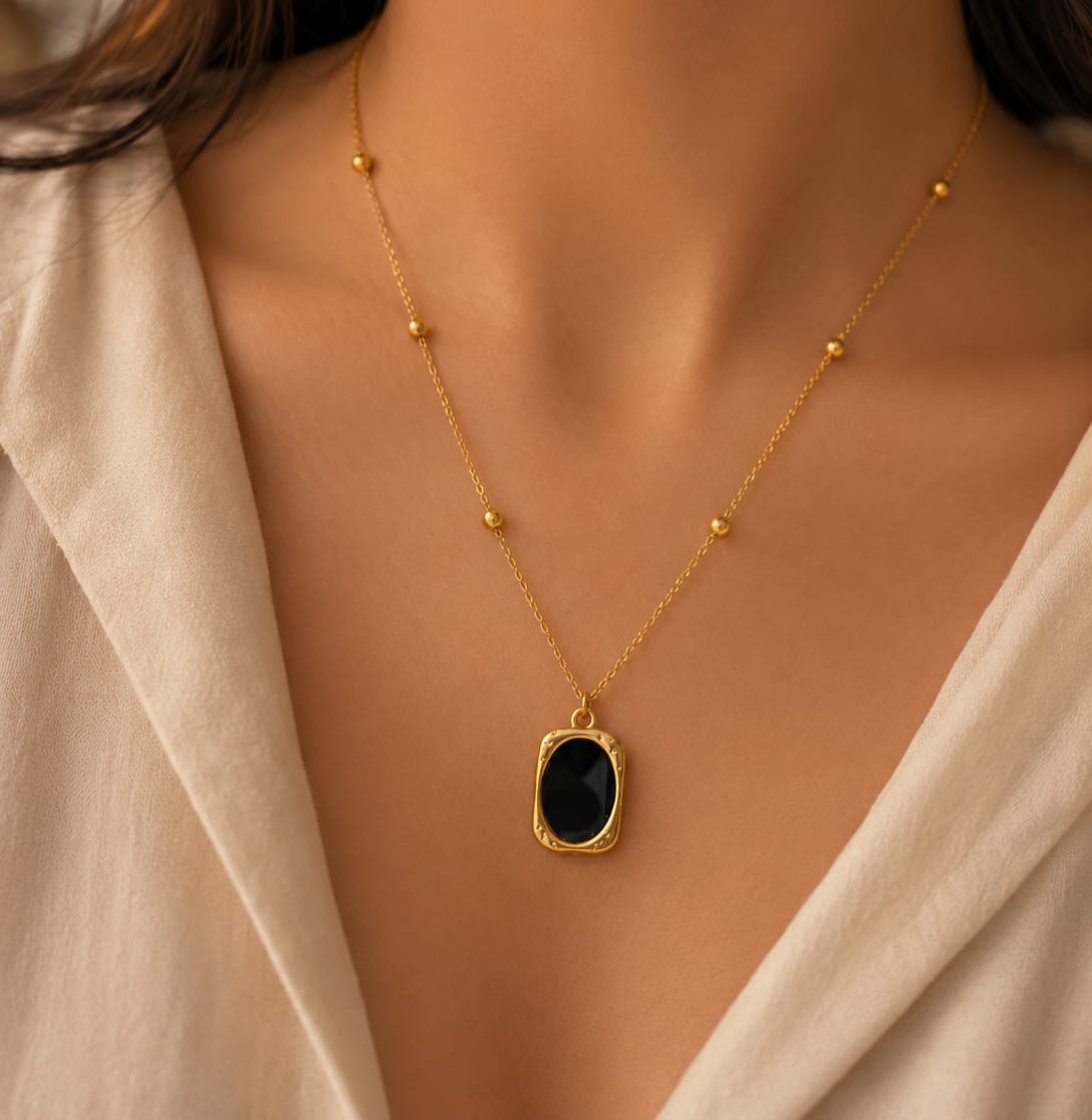 Golden Black Stone Pendant Necklace