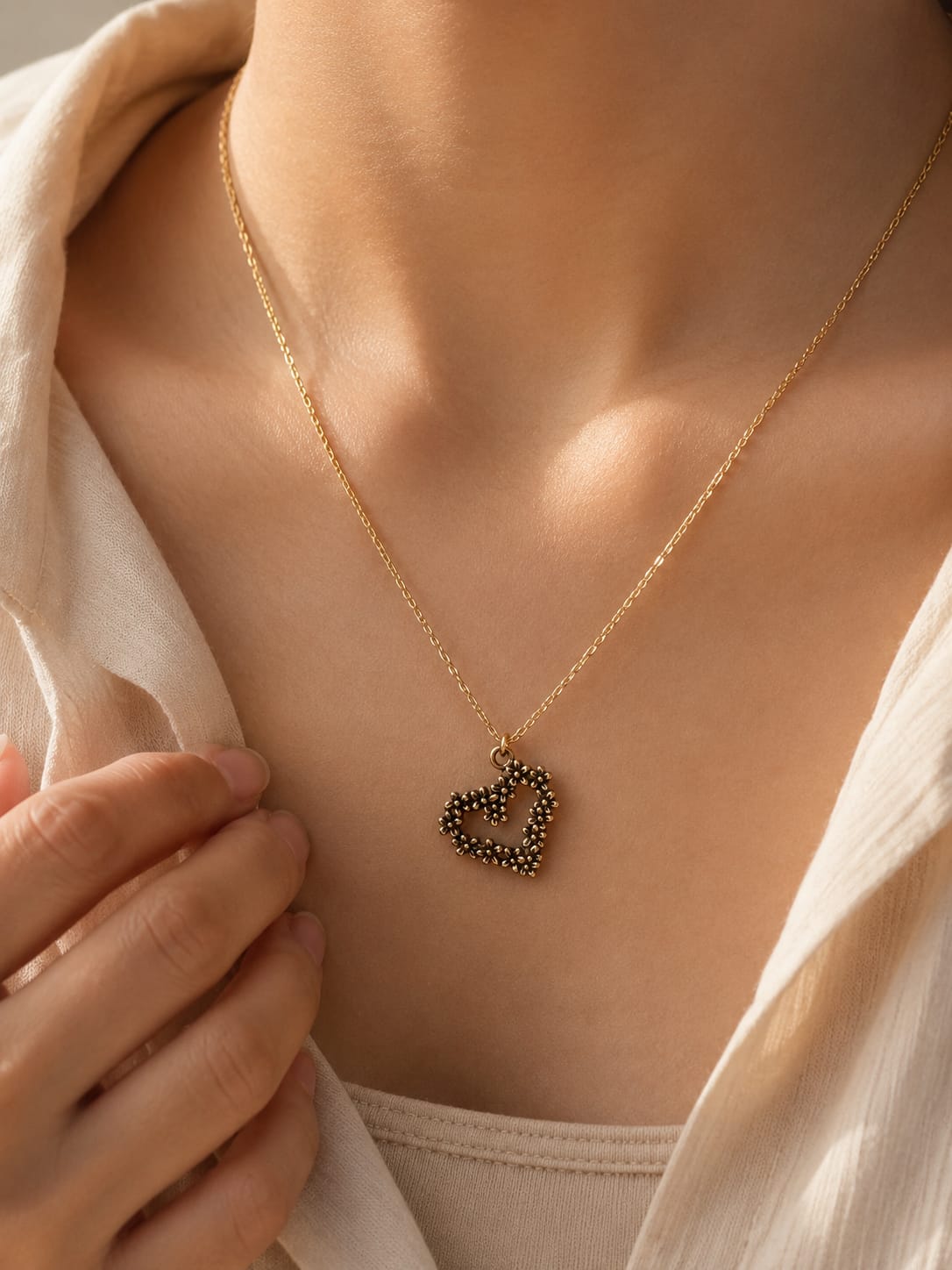 Golden Beaded Heart Pendant Necklace