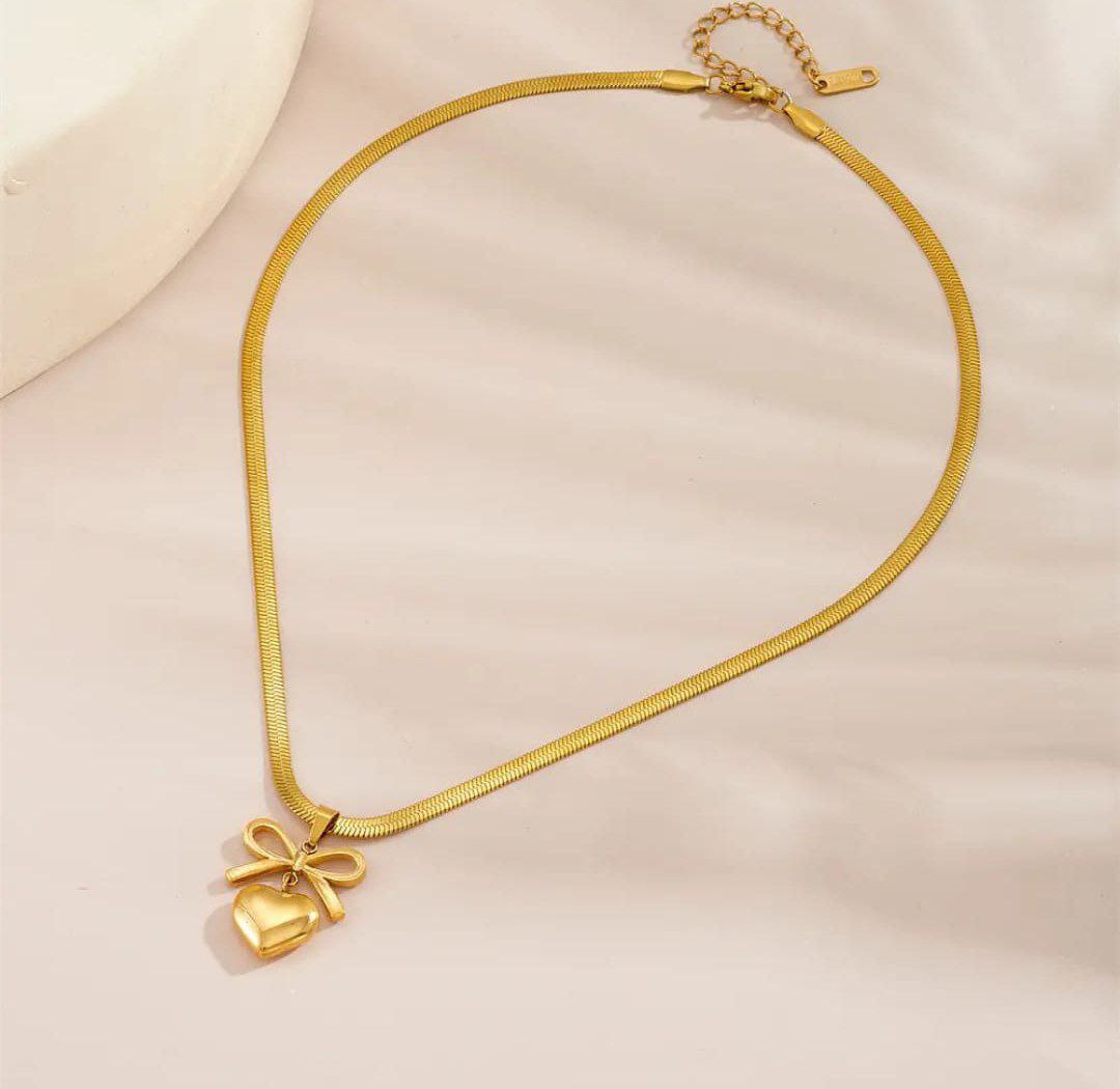 Gold Bow Heart Necklace