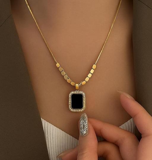 Black Enamel Rectangular Pendant Necklace