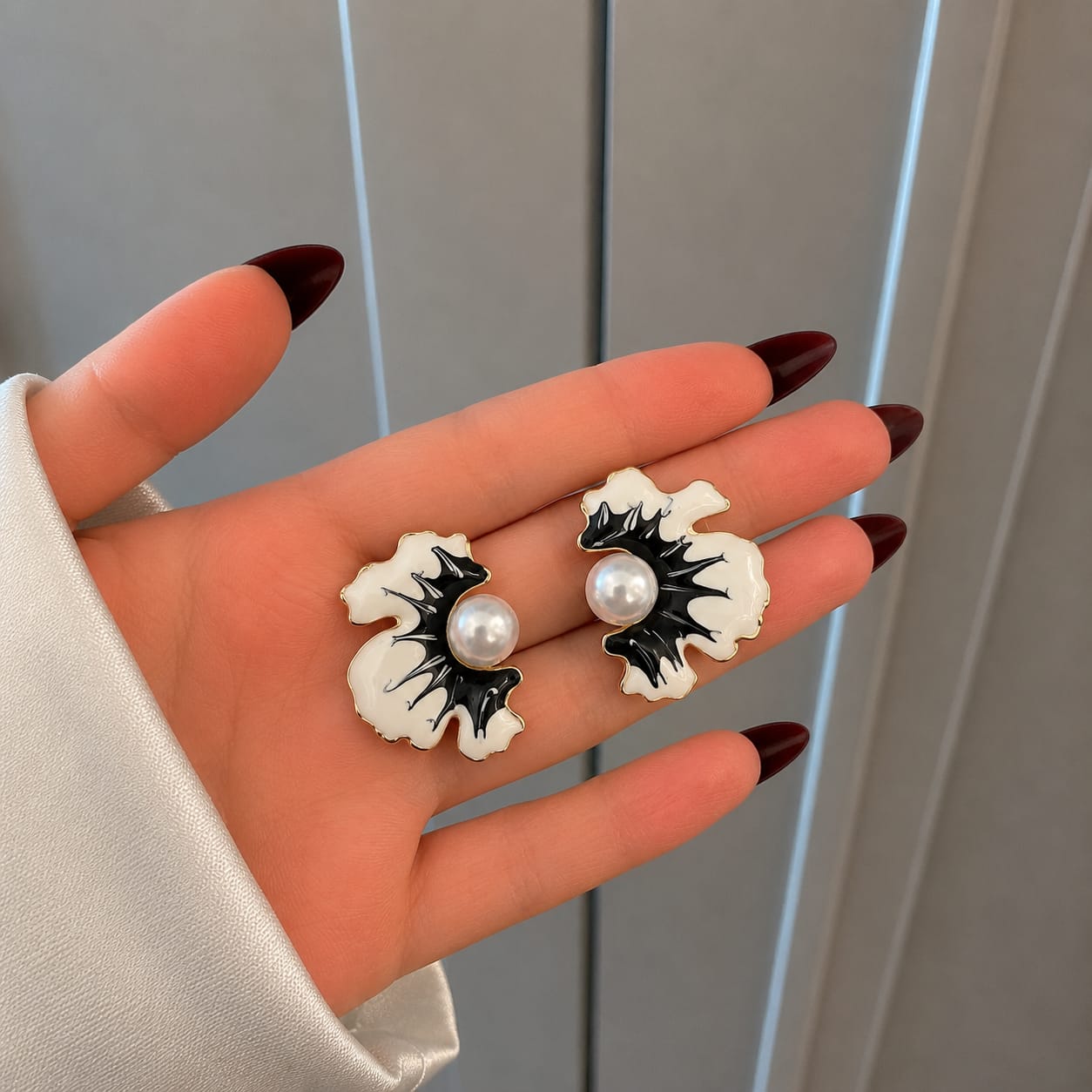 Pearl Enamel Petal Earrings