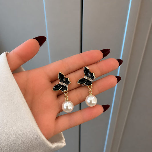 Black Butterfly Pearl Drop Earrings