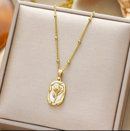 Golden Floral Oval Pendant Necklace