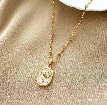 Golden Floral Oval Pendant Necklace