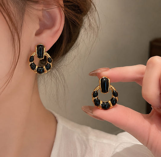 Gold & Black Gemstone Hoop Earrings