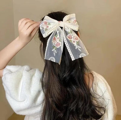 Floral Lace Bow Hair Clip Set (2 pcs)