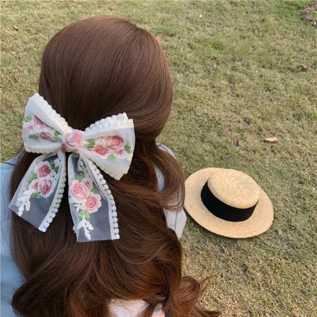 Floral Lace Bow Hair Clip Set (2 pcs)