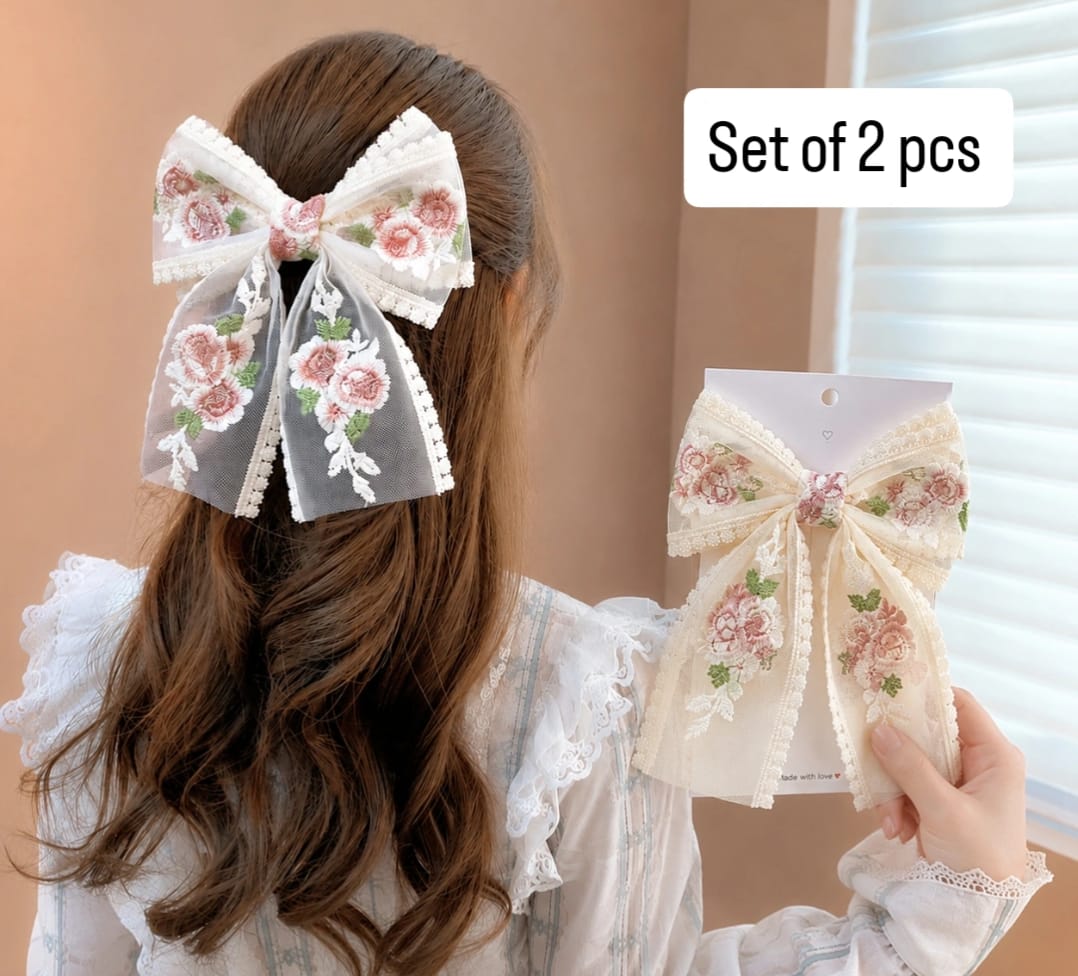 Floral Lace Bow Hair Clip Set (2 pcs)