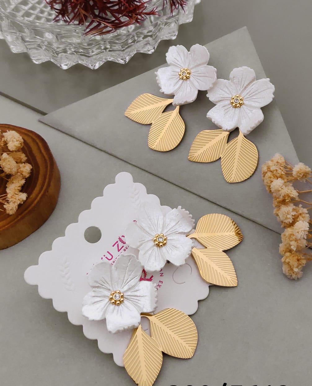 White Floral Gold Leaf Earrings