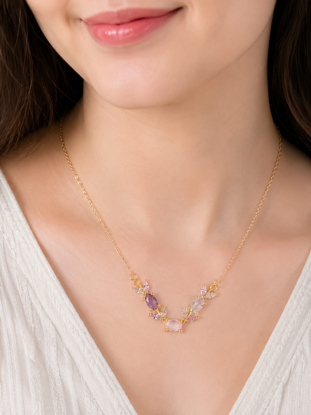 Gold Floral Gemstone Pendant Necklace
