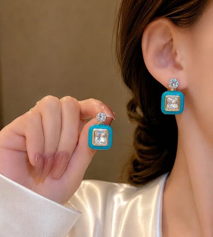Square Gemstone Drop Earrings
