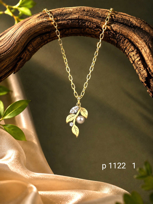 Golden Leaf Pearl Pendant Necklace