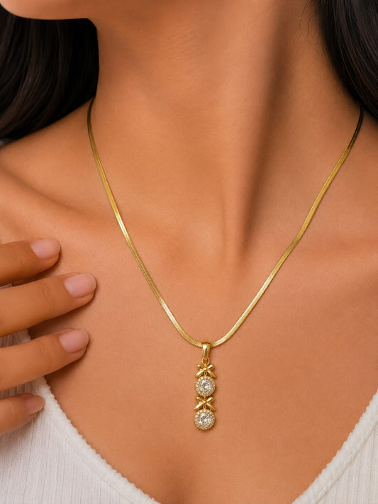 Twin Gem Bow Gold Necklace