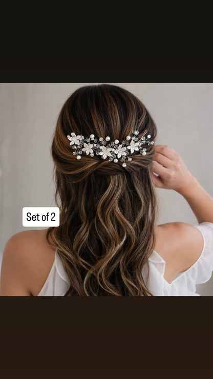 Red Rose & Silver Branch Hair Pins (Set of 2)