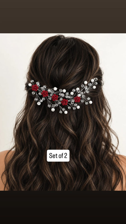 Red Rose & Silver Branch Hair Pins (Set of 2)
