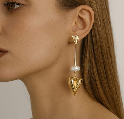 Pearl-Linked Gold Heart Drop  Earrings