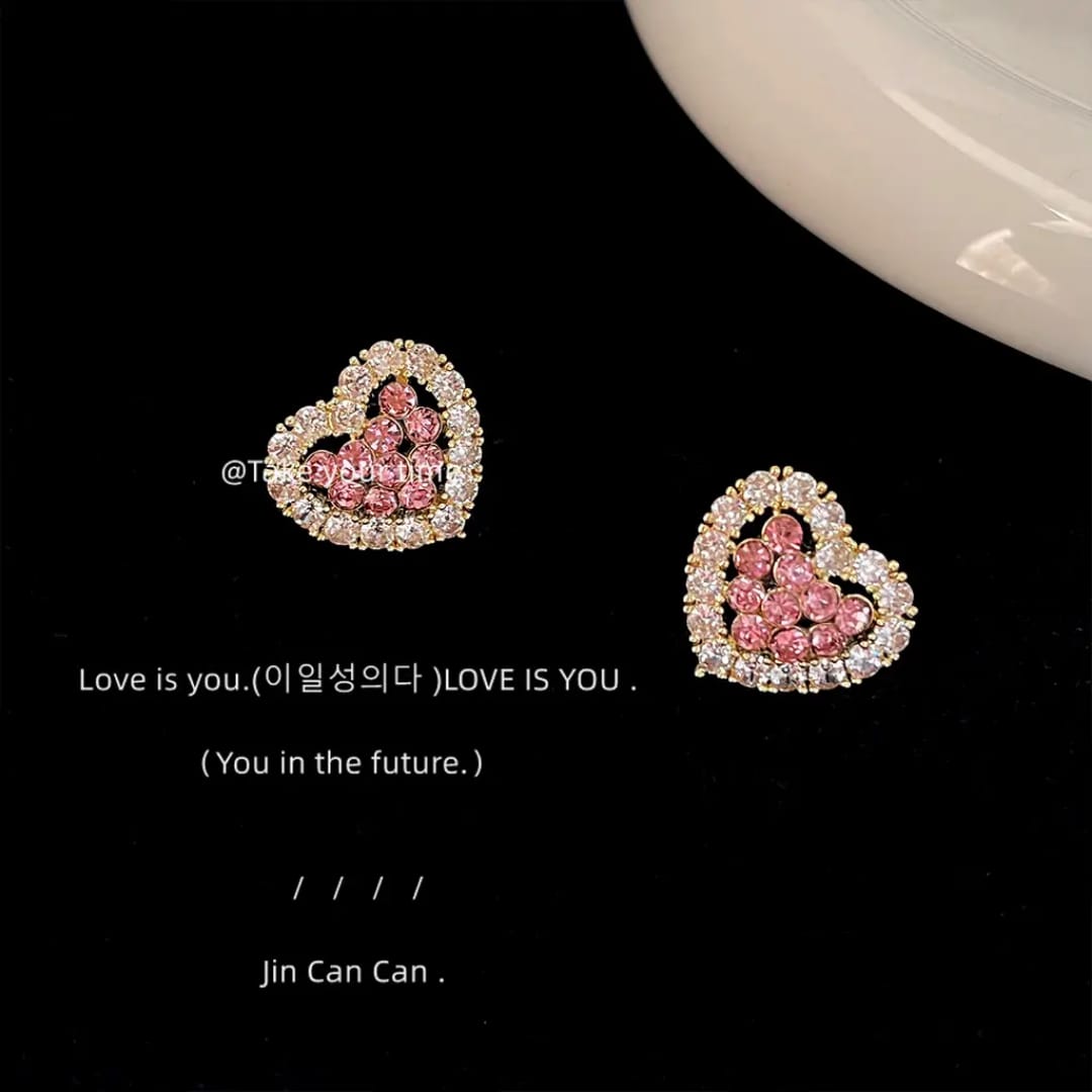 Pink Crystal Heart Stud Earrings