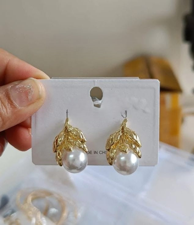 Pearl Grid Gold-Toned Earrings