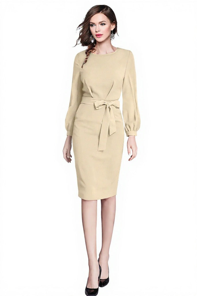 Beige Belted Midi Dress with Long Sleeves